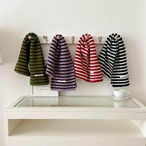 韩代同款条纹针织围巾女秋冬保暖