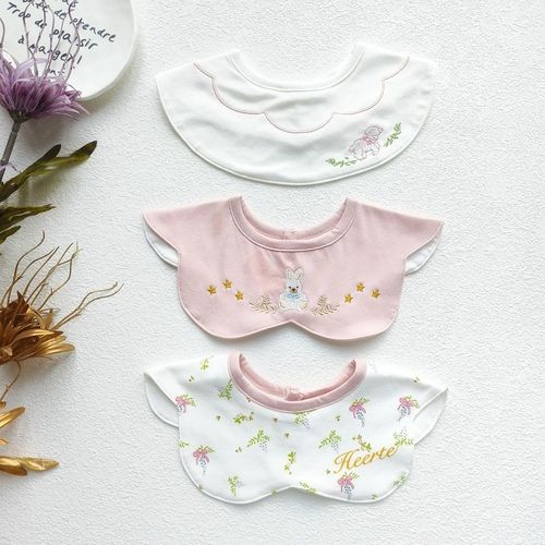 婴儿童纯棉防水口水巾宝宝360度刺绣立体图案围嘴饭兜假领子0-3岁