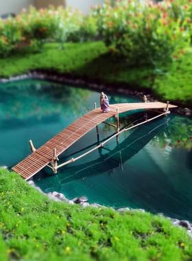 古代复古中式微景观装饰摆件 竹木板材拼接小桥 盆景山石树木摆景