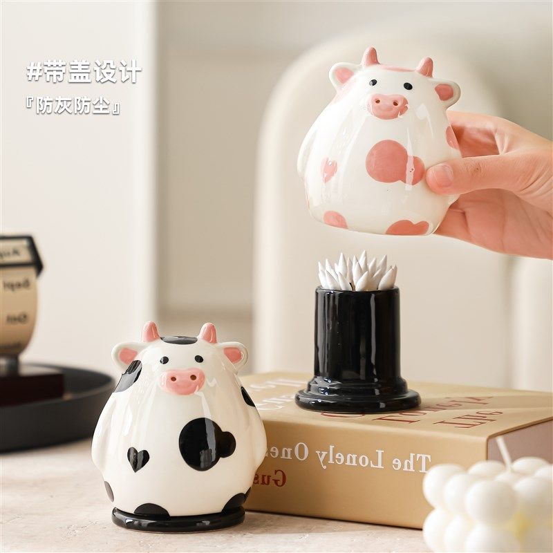 奶牛牙签盒2025新款家用客厅高档牙签筒创意棉签罐可爱牙线收纳盒,收纳整理,牙签盒,淘宝优惠券,粉丝福利购,淘宝优惠卷