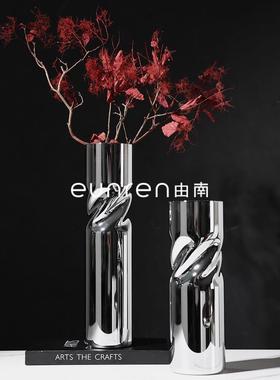 由南现代简约圆柱电镀玻璃花瓶花器摆件样板房售楼处软装饰品摆设
