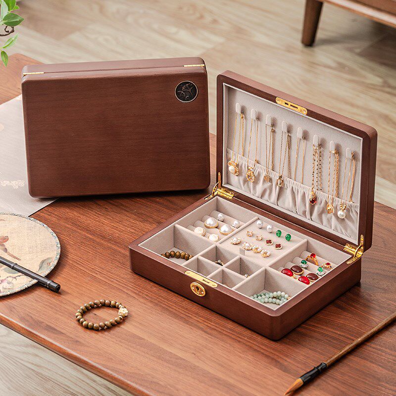 木质首饰盒带锁精致防氧化手饰品收纳盒项链耳钉耳环手表珠宝盒子