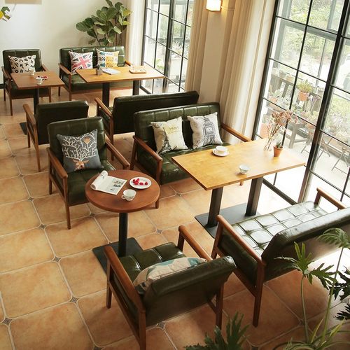 咖啡餐厅美式复古实木双人卡座皮沙发洽谈奶茶店桌椅茶几组合商用