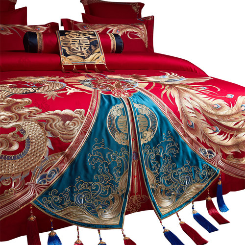 高端160支长绒棉纯棉婚庆龙凤刺绣大红色四件套全棉结婚床上用品