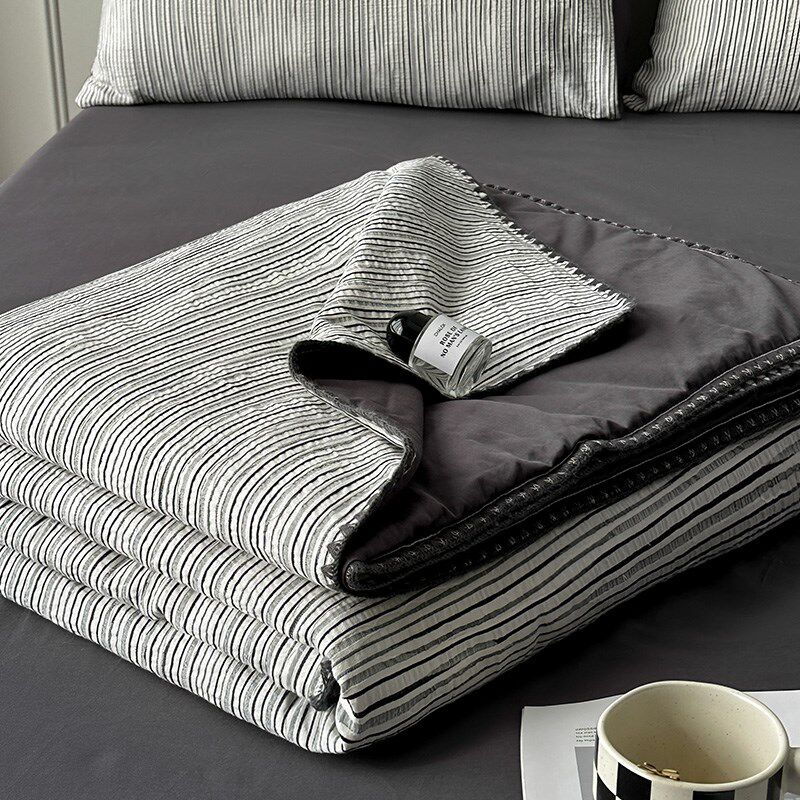 可机洗极简侘寂风黑白条纹提花夏被四件套全棉纯棉薄被子空调被
