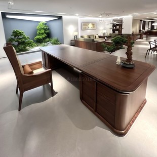 新中式实木老板桌办公桌高档总裁桌董事长黑胡桃木大班台家俱定制