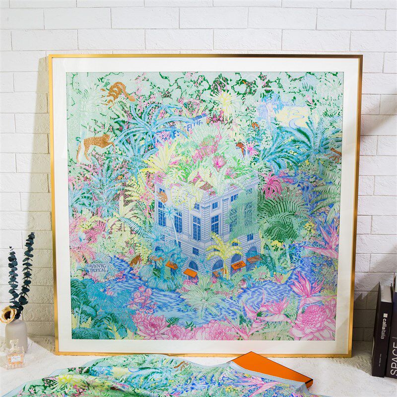 高端真丝丝巾画90cm手工装裱轻奢玄关画现代装饰画定制铝合金画框
