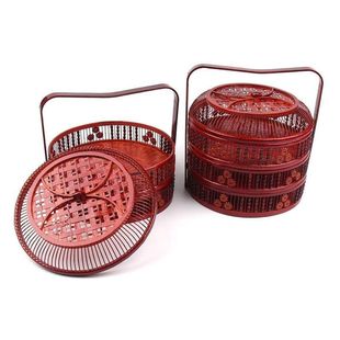 诚品竹艺两层红色提篮手工篮水果浙江喜礼品盒制竹编新疆包邮