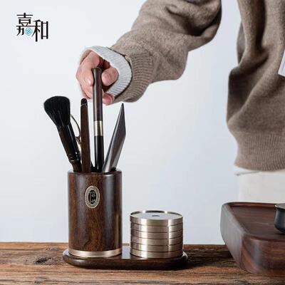 黑檀木茶道君子套合装实木茶具配件泡茶十黄铜整块二件套组12568