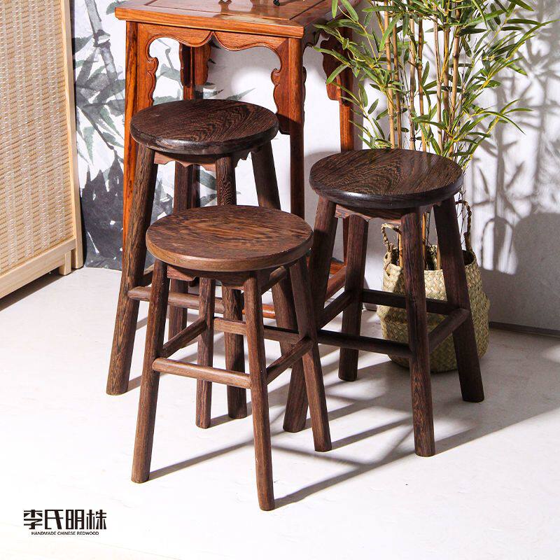 非洲鸡翅木新中式红木圆吧台凳实木圆凳餐凳吧餐高凳新中式圆吧凳