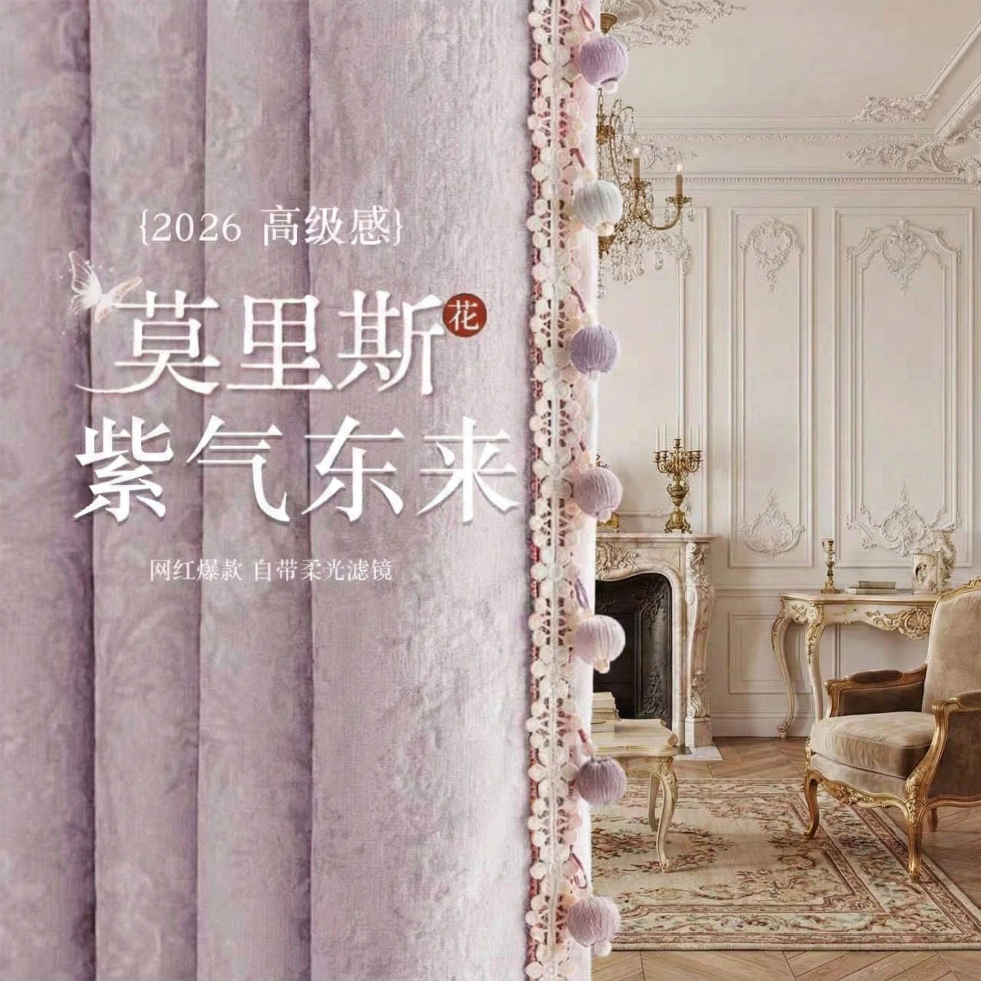 高级莫里斯花雪尼尔全遮光卧室新款窗帘2026送罗马杆花边提花法式