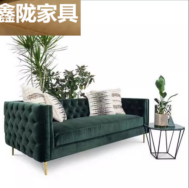 美式丝绒拉扣沙发现代简约小户型轻奢民宿墨绿色ins风格简欧家具