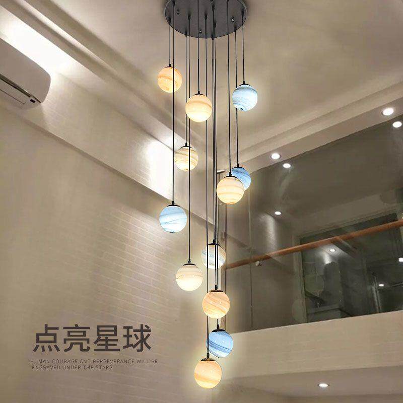 流浪地球复式楼长吊灯loft公寓客厅挑高楼梯间简约别墅圆球玻璃球