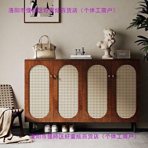 新款复古黑色鞋柜门口家用藤编门黑色鞋柜中古风入人造板成人其他