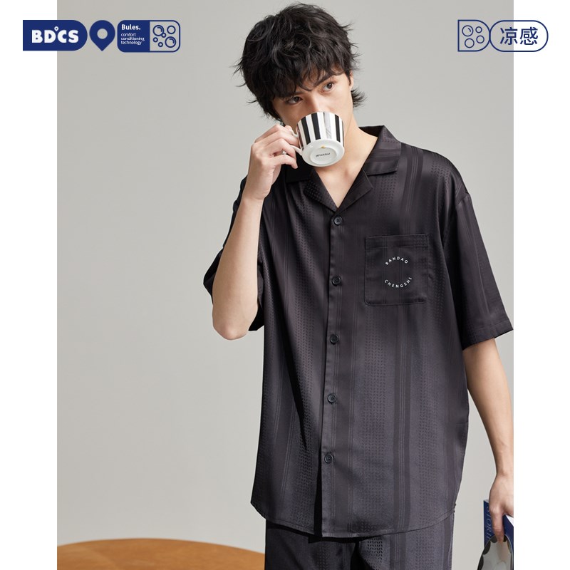 【5A抗菌】睡衣男士春夏款夏季冰丝短袖短裤黑色大码可外穿家居服