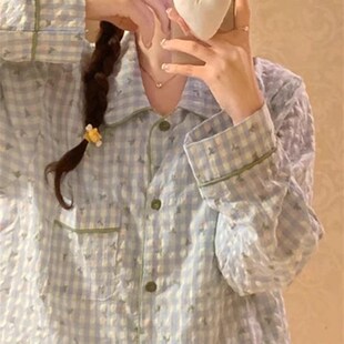 韩版2024年新款睡衣女春秋款长袖长裤泡泡棉麻格子冬季居家服套装