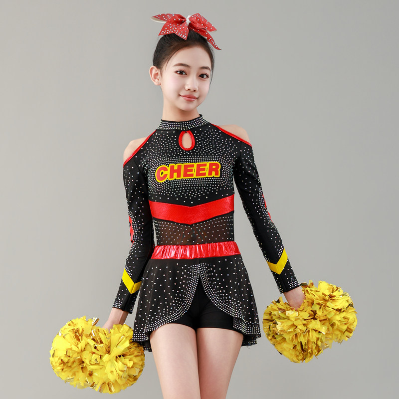 男女成人儿童长袖啦啦操比赛演出篮球足球宝贝连体拉拉队表演服装