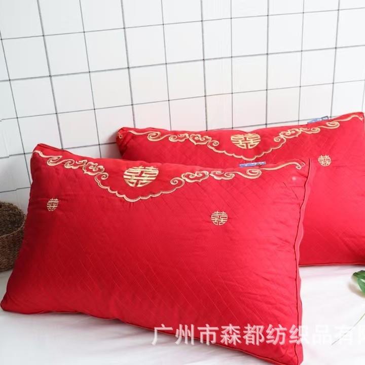 绣一对装双人HQZ-89结婚配套枕头全刺婚大棉红色庆羽丝绒枕芯陪嫁