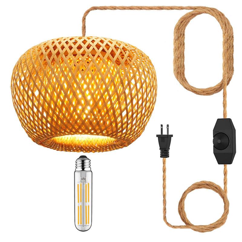 日4578式制风插电式吊格灯藤制带可调光开关30C麻M绳竹灯罩插电式