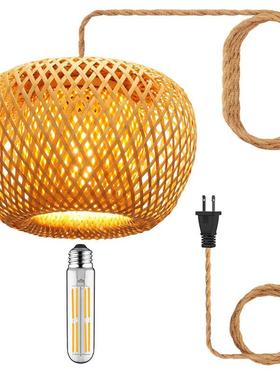 日4578式制风插电式吊格灯藤制带可调光开关30C麻M绳竹灯罩插电式