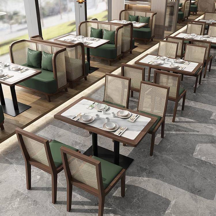 亚南港式茶楼实木藤编靠墙卡座沙发主919东题西餐厅饭桌店椅组合