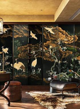 茶中古客厅折叠屏画风入户玄关折隔断餐A46厅室移动屏黑色复古漆