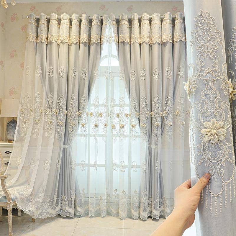 韩式田园雕绣338花窗帘布纱双层品成阳台客厅室卧浮遮光布落