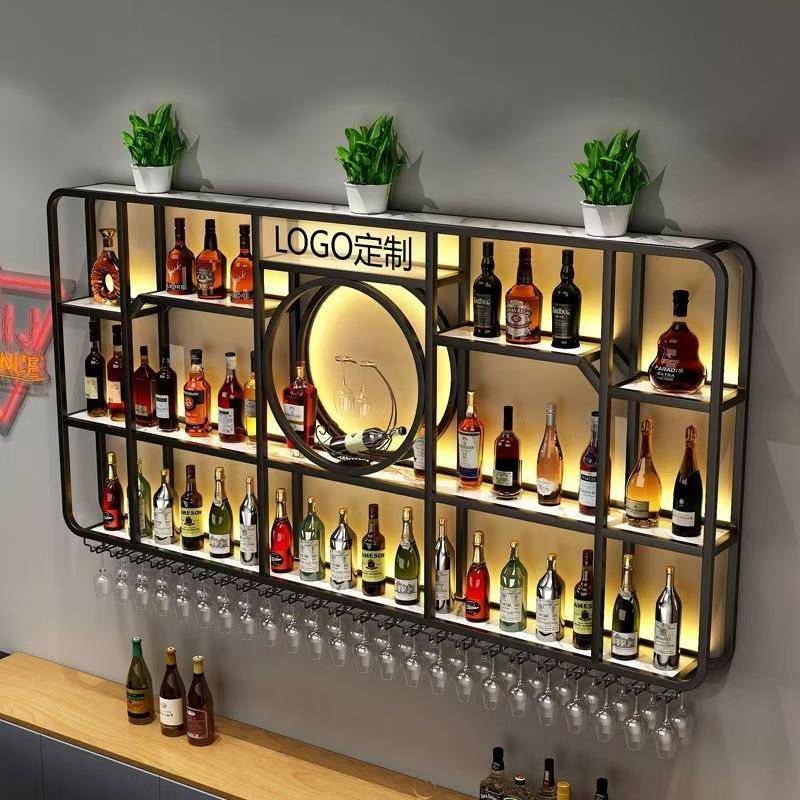 吧台背景壁挂置式酒架多型号物架酒吧铁发光展示子创架意餐艺厅红
