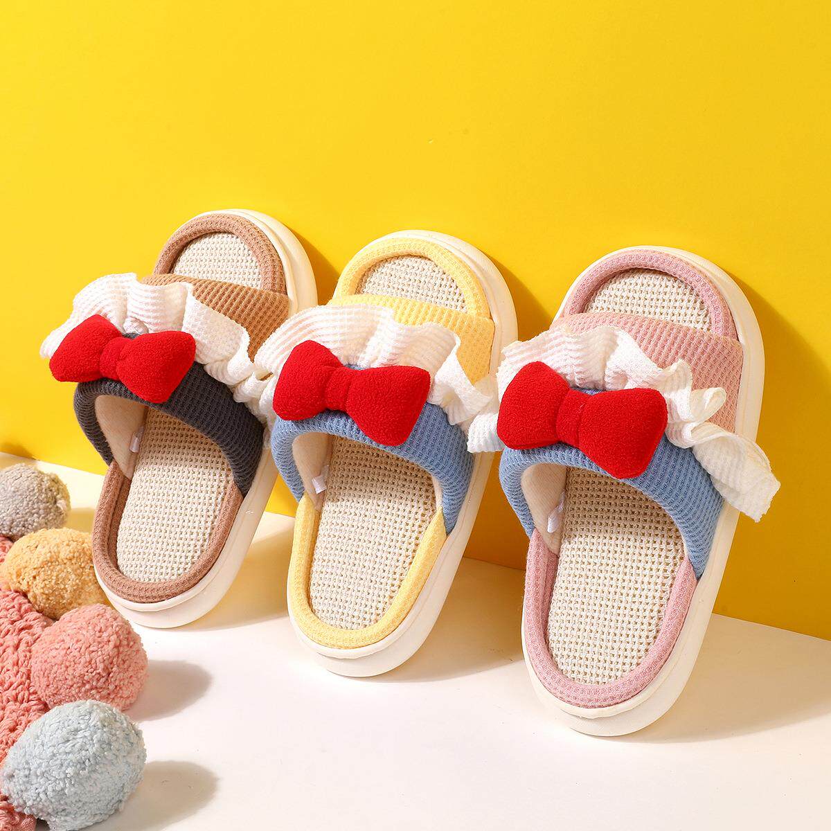 亲子亚麻拖鞋女室内居家夏季防滑公主花朵蝴蝶结儿童棉麻凉拖鞋