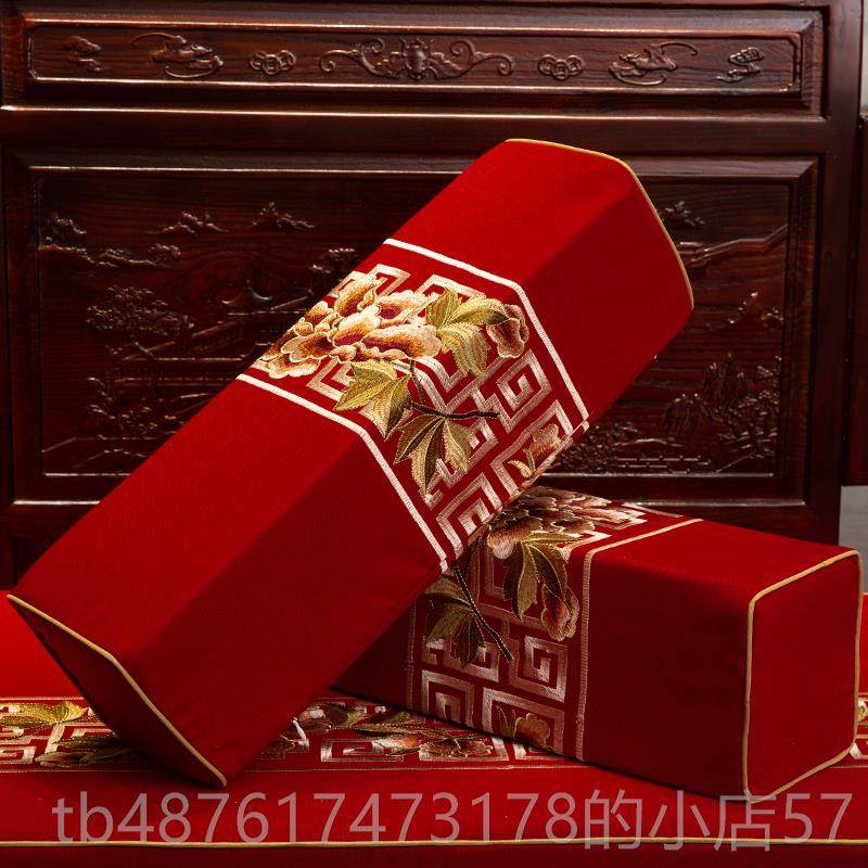 正品棉亚麻现代中式抱枕红发木沙刺靠绣花实木沙发长形扶方手方枕