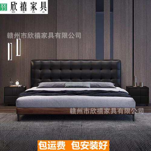 华夫格意式复古真皮床主卧现代简约中古风双人床软包床悬浮床灯带