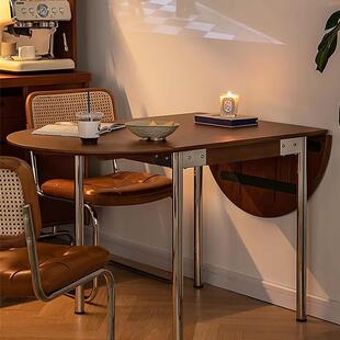 中复古实木不锈钢可折叠餐桌椅家用小户型伸缩长方台半圆形饭桌子