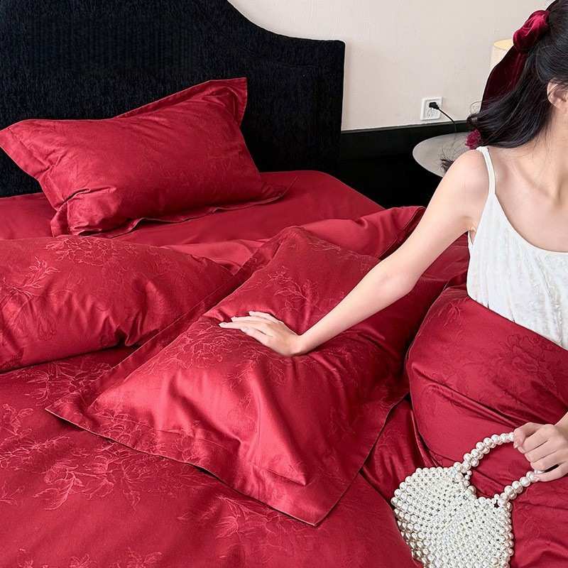 100S全棉高支提花高级感轻奢结婚庆红色纯棉四件套床单床笠喜庆