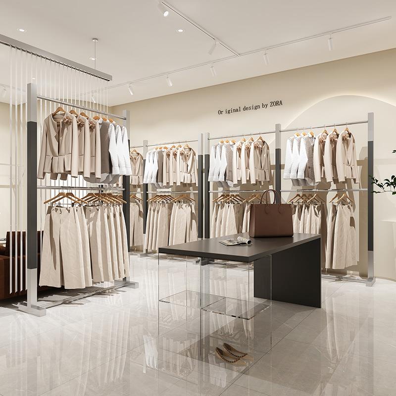 服装店双层展示架落地式黑色中岛架子男女装店挂衣架货架陈列道具