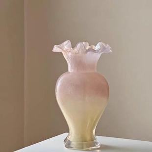 中古花瓶摆件粉色插花装饰餐桌玻璃家居复古轻奢琉璃法式鲜花花器