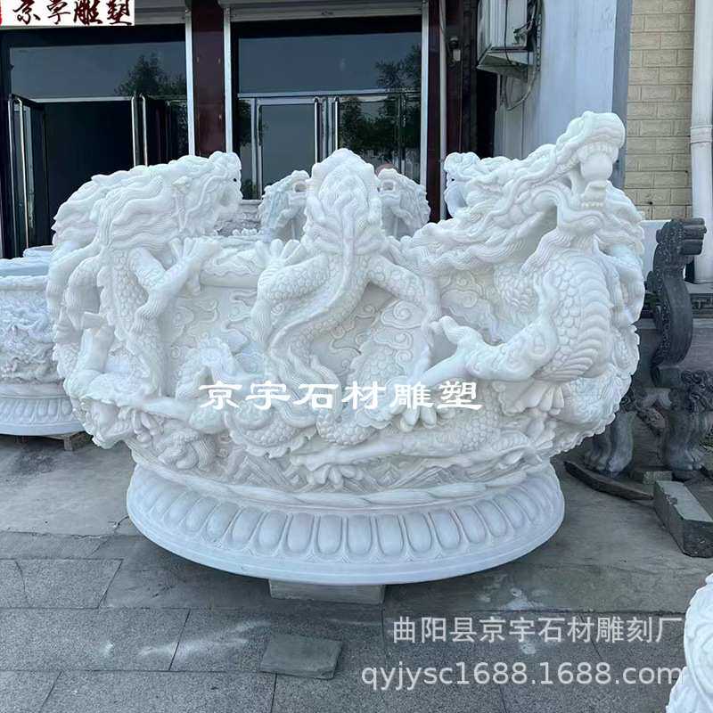 精品石雕龙缸别墅庭院汉白玉龙头鱼缸花盆喷水九龙流水缸装饰雕塑