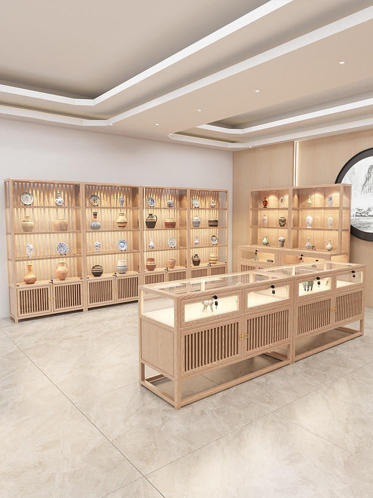 实木珠宝展示柜复古原木展柜玉器陈列柜玻璃中岛柜台中式吊柜壁柜