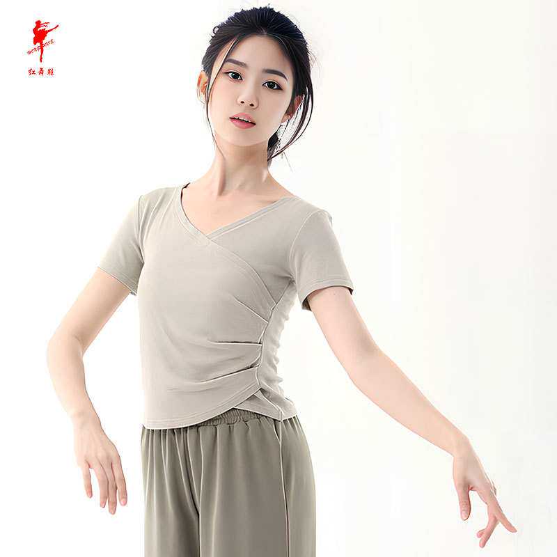 红舞鞋现代舞蹈服女夏针织交叉短袖艺考不规则古典舞服成人35781