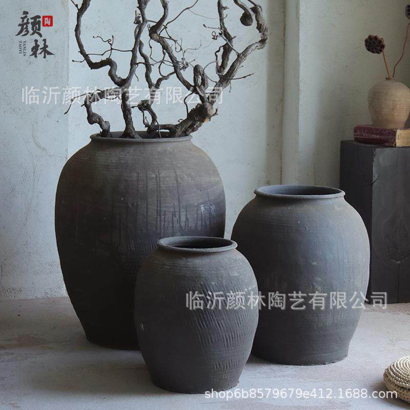 复古黑灰色大陶罐侘寂风造景装饰瓮缸粗陶土陶落地圆形陶罐大花瓶