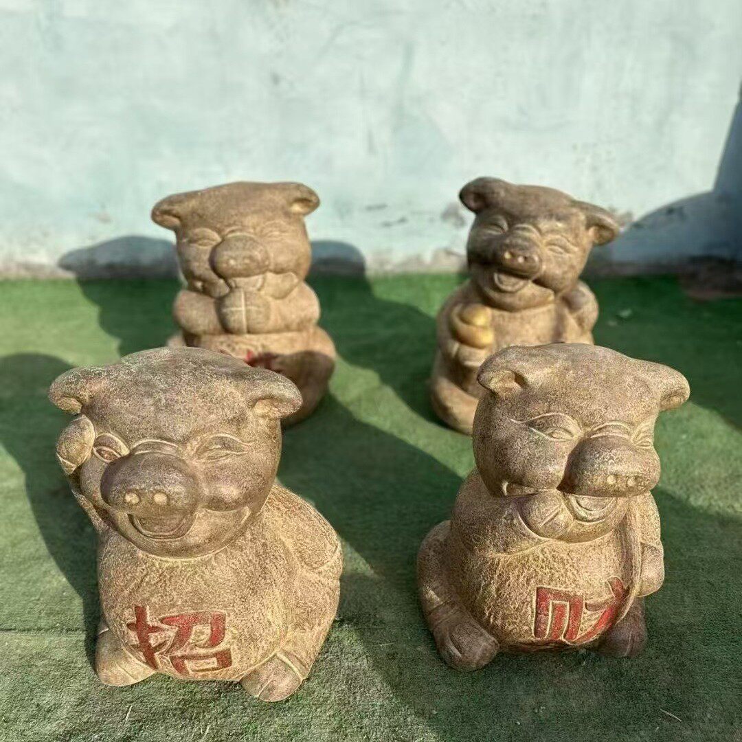 青石彩绘招财进宝猪一套家用室内石雕猪摆件景区酒店石雕雕刻摆件