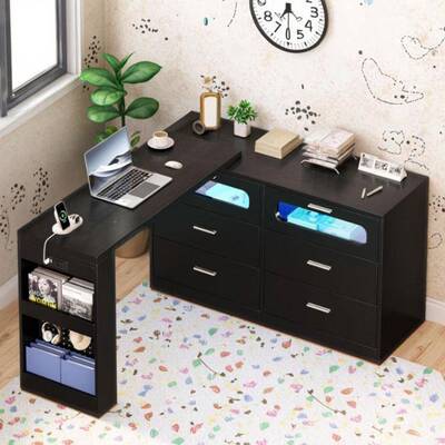 L桌形办公多空层大间书柜书桌一ULL体电桌家用学脑生写字桌子