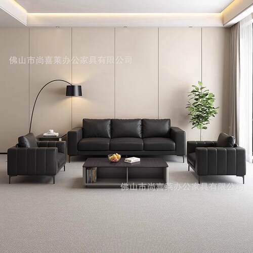 公黑色办公组发茶几合套装老板办611室皮沙发简约接待沙室商务会