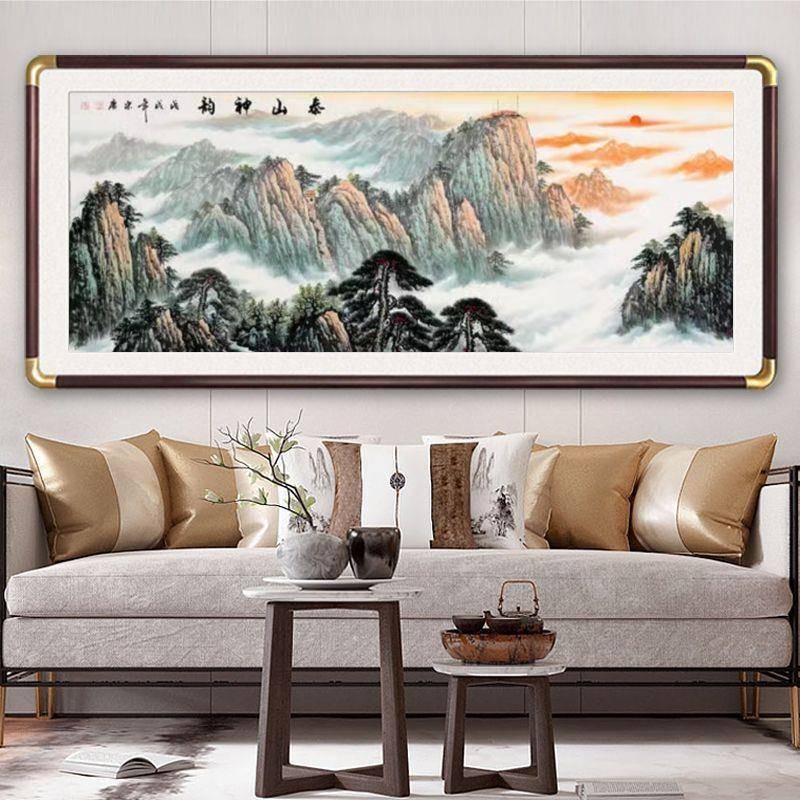 实木国画山水421画客厅装饰画公办室有山无水挂山水画泰框山五岳