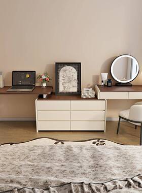 轻奢油风木梳妆台新化款卧室简约现代XXR妆桌梳妆台书桌斗柜实奶