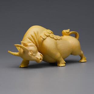 黄YCD木雕铜钱牛手把摆件金杨钱玩如牛气冲天运势如虹金牛工意艺