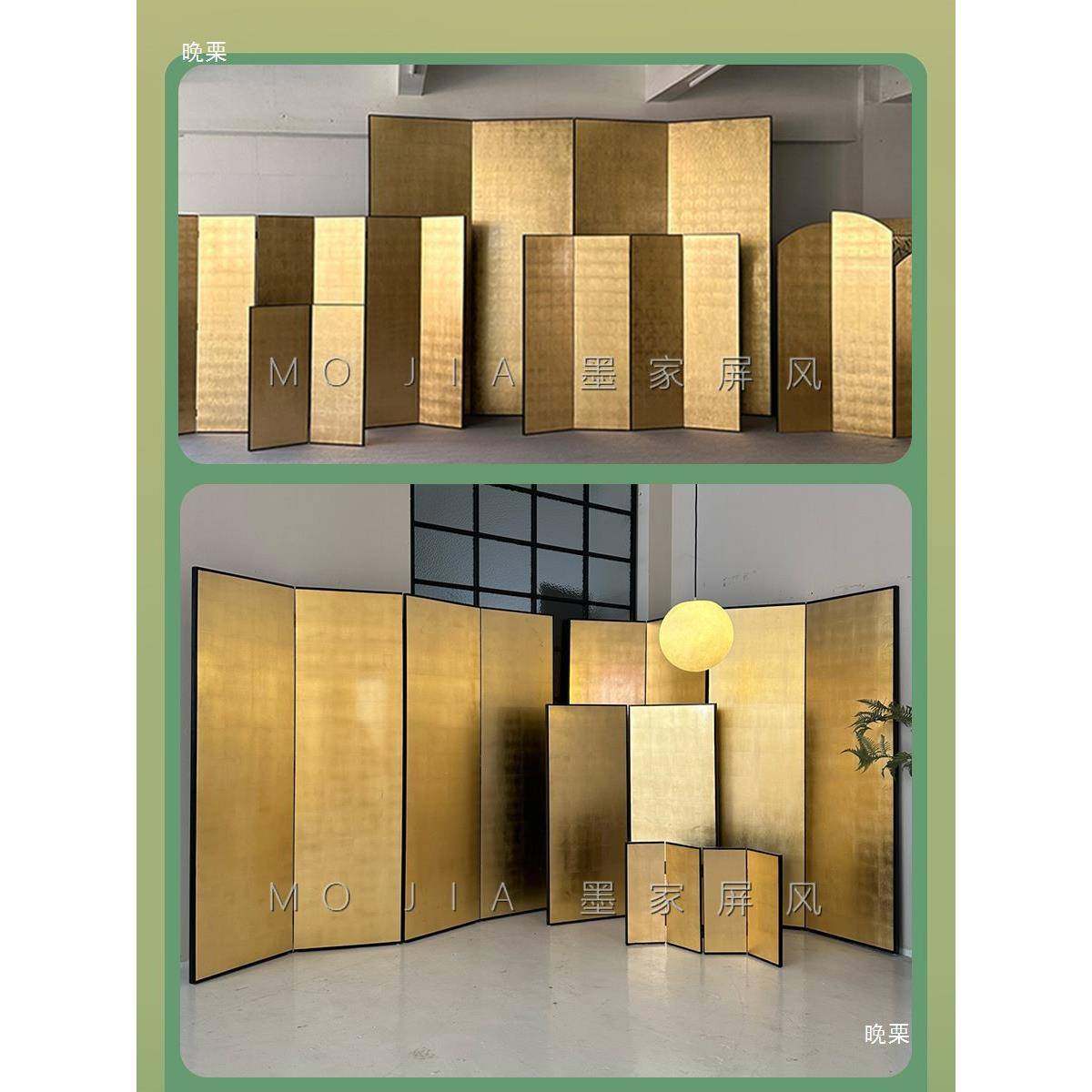 风手绘漆画工素金箔日式厅屏风客隔断厂办公金箔屏风室茶室拍照摄