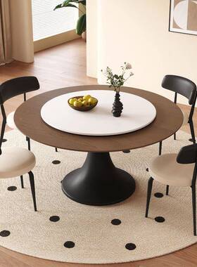 岩板餐桌椅组合中古餐厅圆形饭木桌复古圆桌实子全实风VBK木旋转