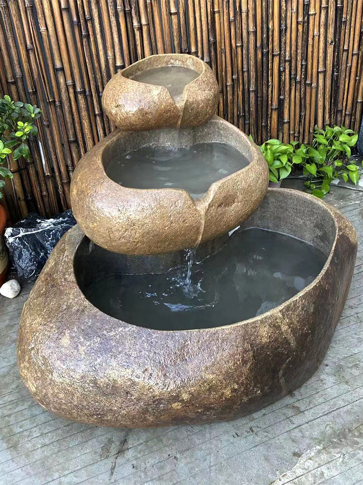 青石做旧鱼缸流水石雕摆件