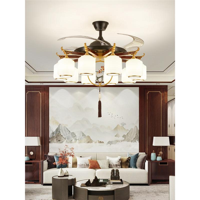 新中式木形吊灯客厅餐隐风扇灯家实用别墅实木风扇吊灯2厅023724