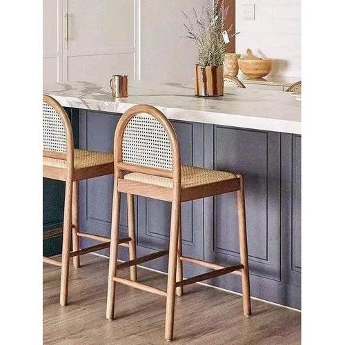 轻奢实木藤编酒吧椅现代简约家用吧台高脚凳小清新前台接待椅
